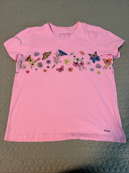 Life Is Good Tops - Life Is Good Pink Tee with Colorful Butterfly & Floral Row